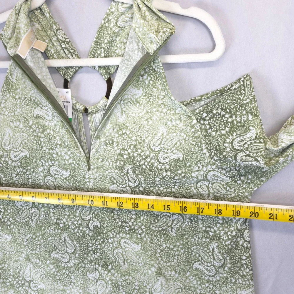 Michael Kors Cold Shoulder Paisley Neck Zipper Halter Top Blouse Army Green L‎